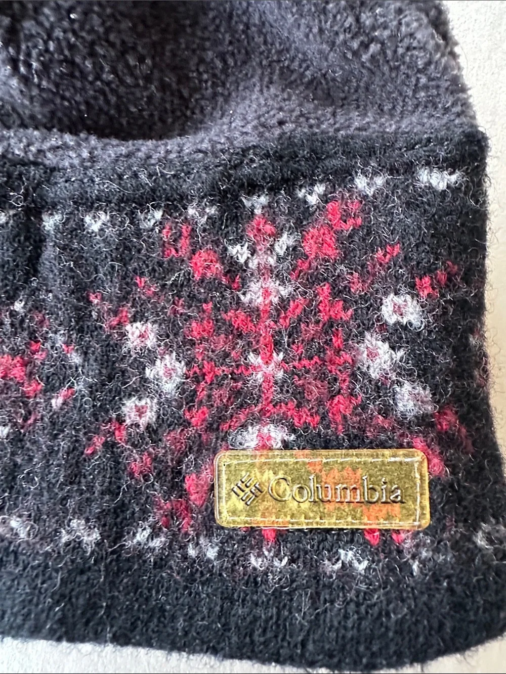 Columbia Black Fleece Kids Beanie with Red and Gray Pattern